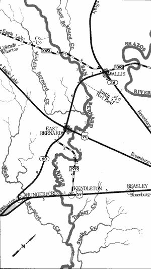 Map of San Bernard River from Farm-to-Market 1093 to US Highway 59.