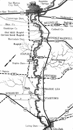 Map of San Marcos River from San Marcos to Luling.