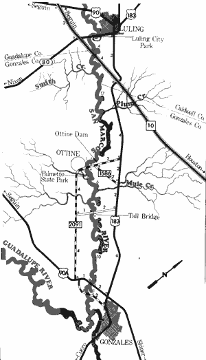 Map of San Marcos River from Luling City Park to Gonzales.
