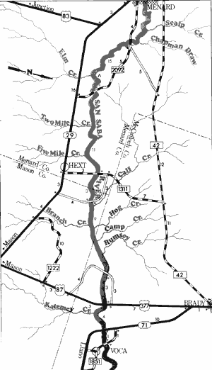 Map of San Saba River from Farm-to-Market 2092 to Voca Crossing.