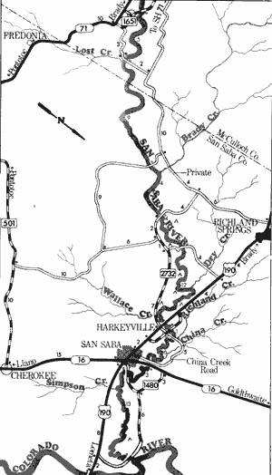 Map of San Saba River from Voca Crossing to Colorado River.