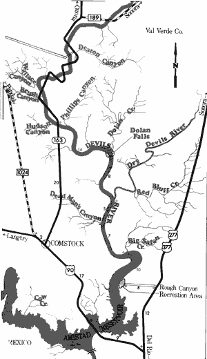Map of Devil's River from State Highway 163 to Rough Canyon Recreation Area.