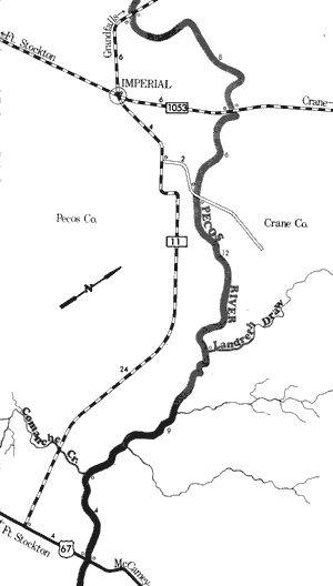 Map of Pecos River from Farm-to-Market 11 to US Highways 67 and 385.