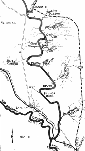 Map of Pecos River from Pandale Crossing to US Highway 90.