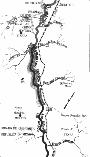 Map of Rio Grande River from Presidio to Lajitas Including Colorado Canyon.