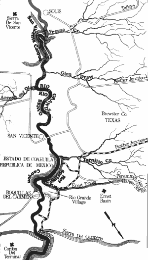 Map of Rio Grande River from San Vicente and Hot Springs Canyons.