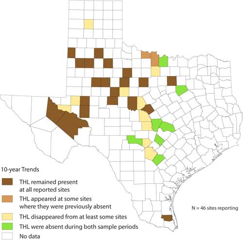 Trends in horned lizard sightings by county, Texas Horned Lizard Watch, 1997–1999 vs. 2005–2007
