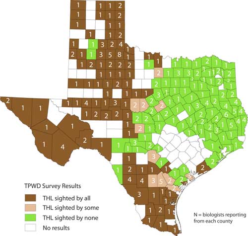 Occurrence ot Texas Horned Lizard sightings by TPWD biologists, 2004-2006 by county