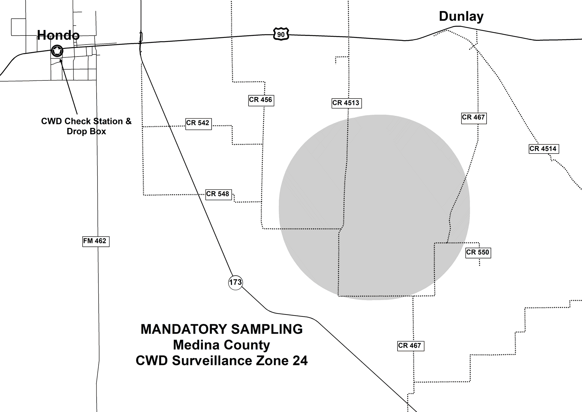 Static map showing the boundaries of the Medina County CWD Zone