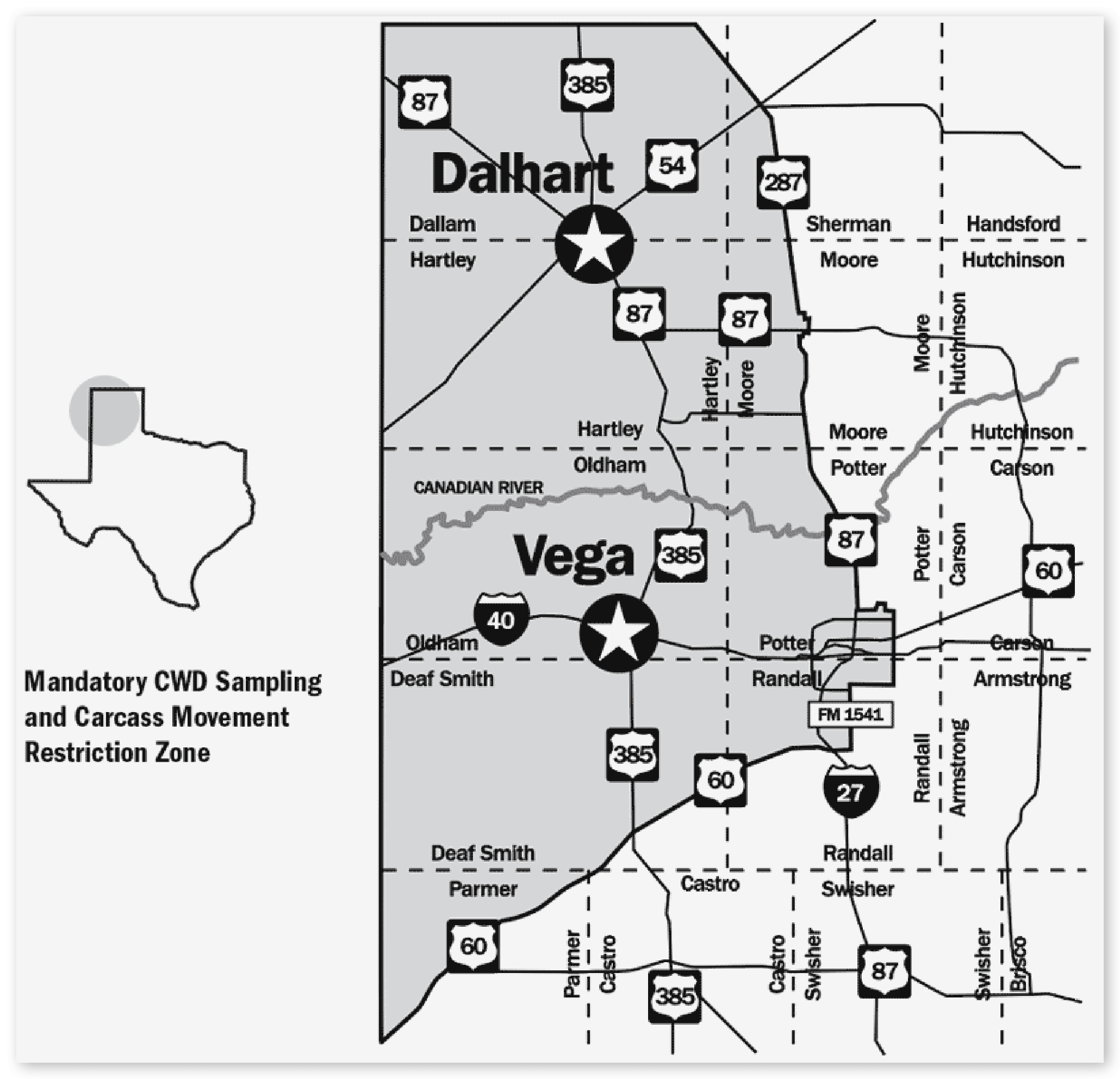Mandatory CWD Sampling and Carcass Movement Restriction Zone in areas around Dalhart and Vega