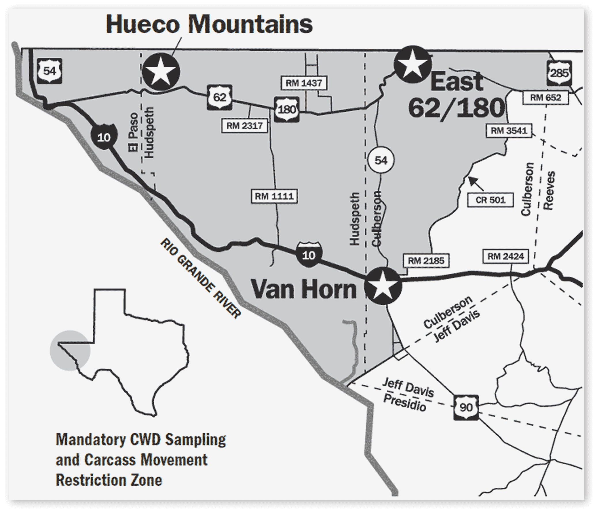 Mandatory CWD Sampling and Carcass Movement Restriction Zone in El Paso, Hudspeth, and parts of Culberson county