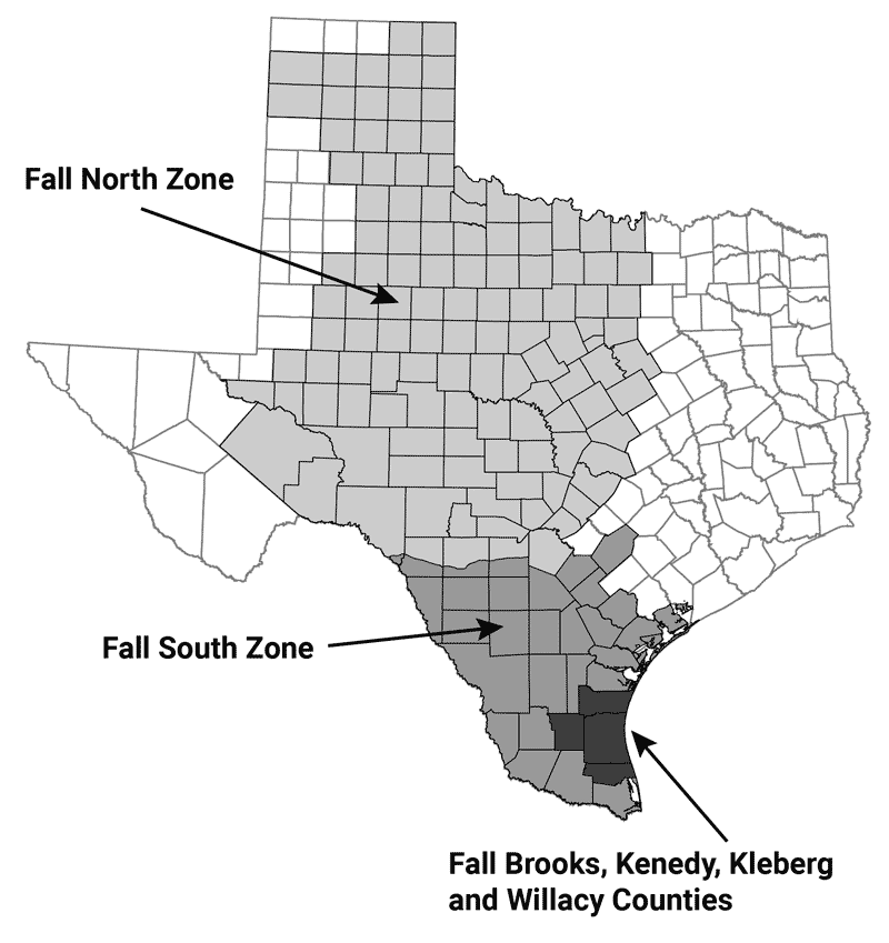 Map of Fall Turkey Hunting Zones by Texas Counties