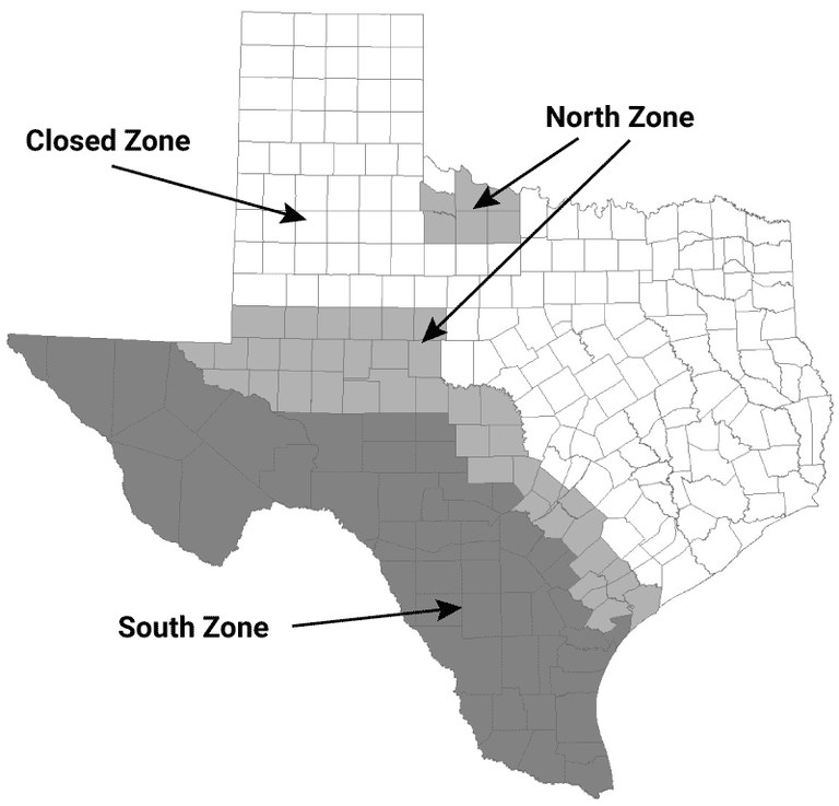 Map of Texas counties with javelina hunting seasons.