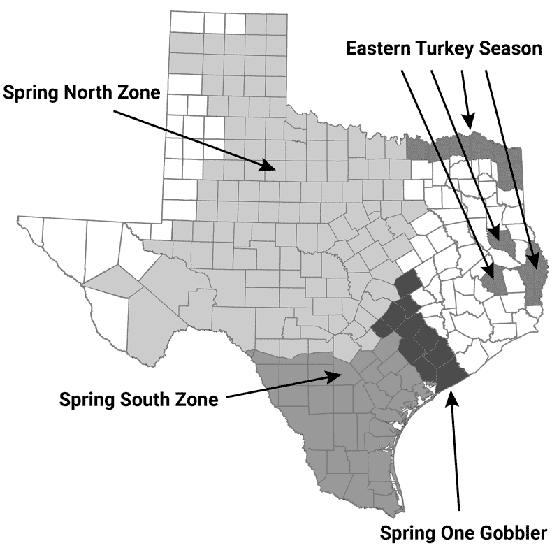 Map image of Spring Turkey Hunting zones by Texas counties