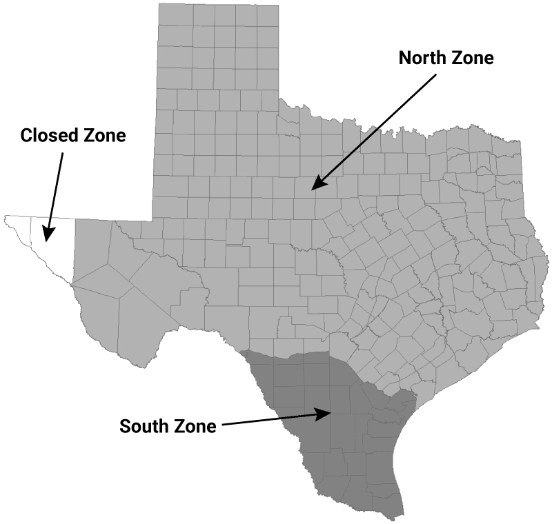 harta județelor din Texas cu sezoane de vânătoare a căprioarelor cu coadă albă.