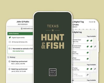Screenshots of the Texas Hunt and Fish tagging screens.