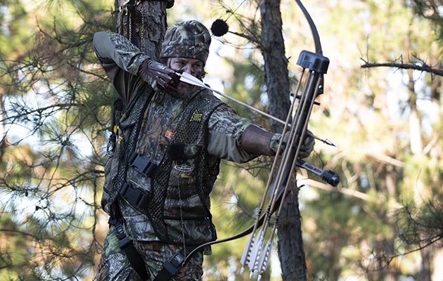 A bowhunter in a treestand.