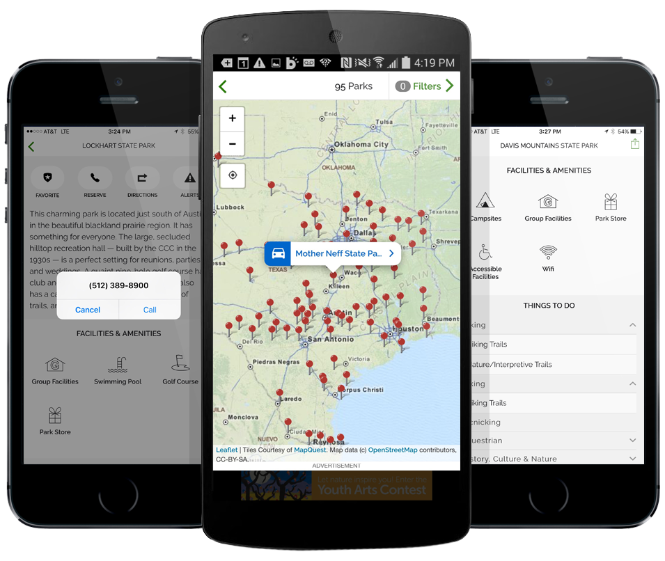 State Parks App on two iPhones and Android