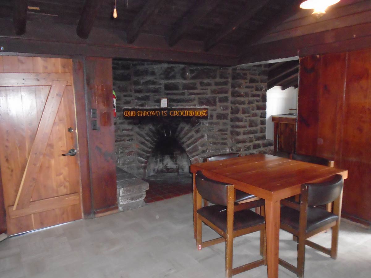 There is a fireplace in the living area of Cabin 10.