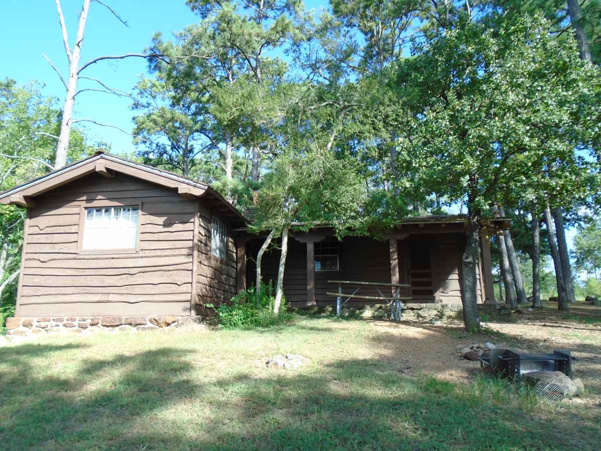 There is a picnic table and fire ring with a grill behind Cabin 9.