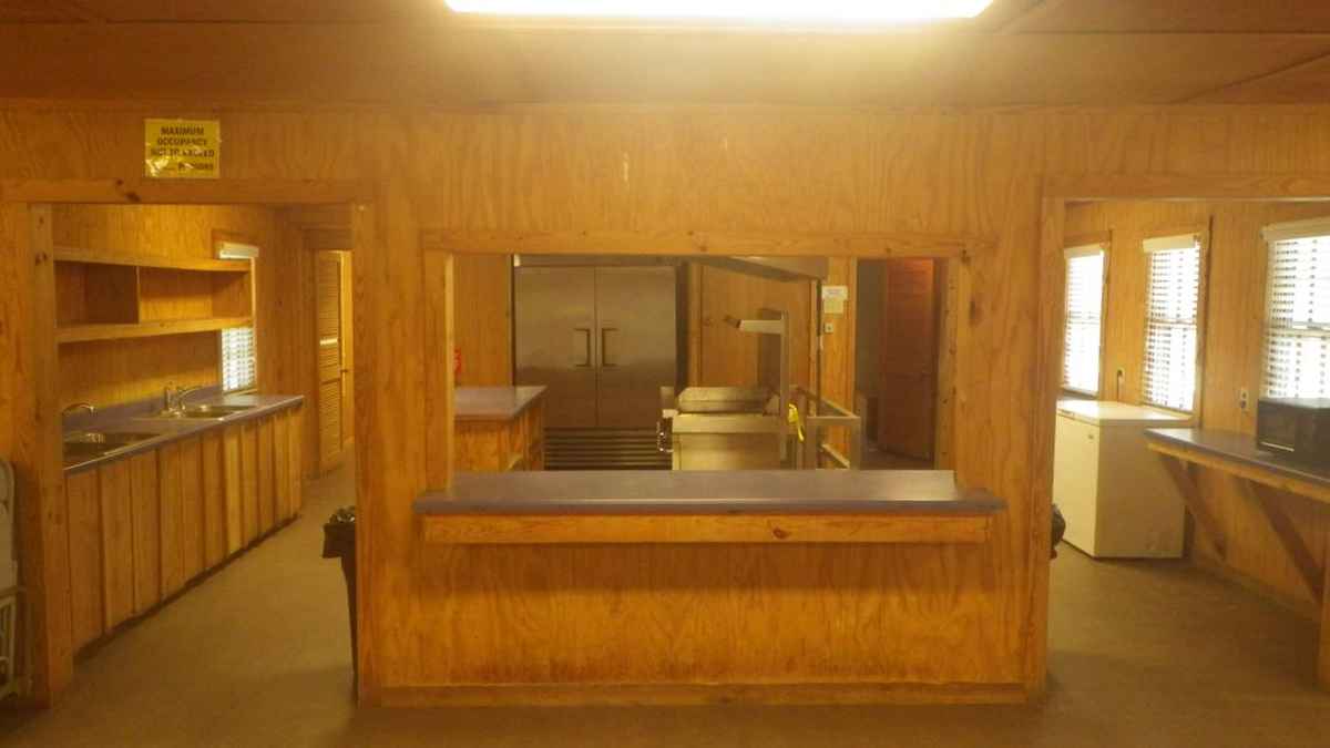 Inside the Dining Hall's main room looking at the kitchen.