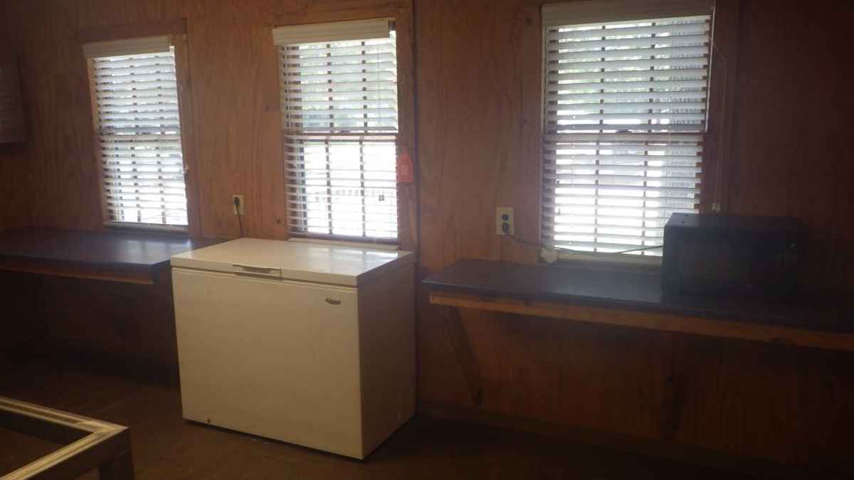 Looking at the upright freezer and microwave oven in the kitchen.