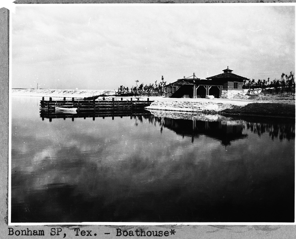Black and white historic photo of boathouse