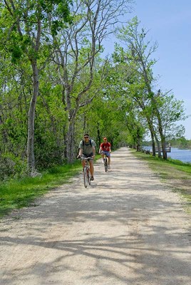 Two guys biking on a trail