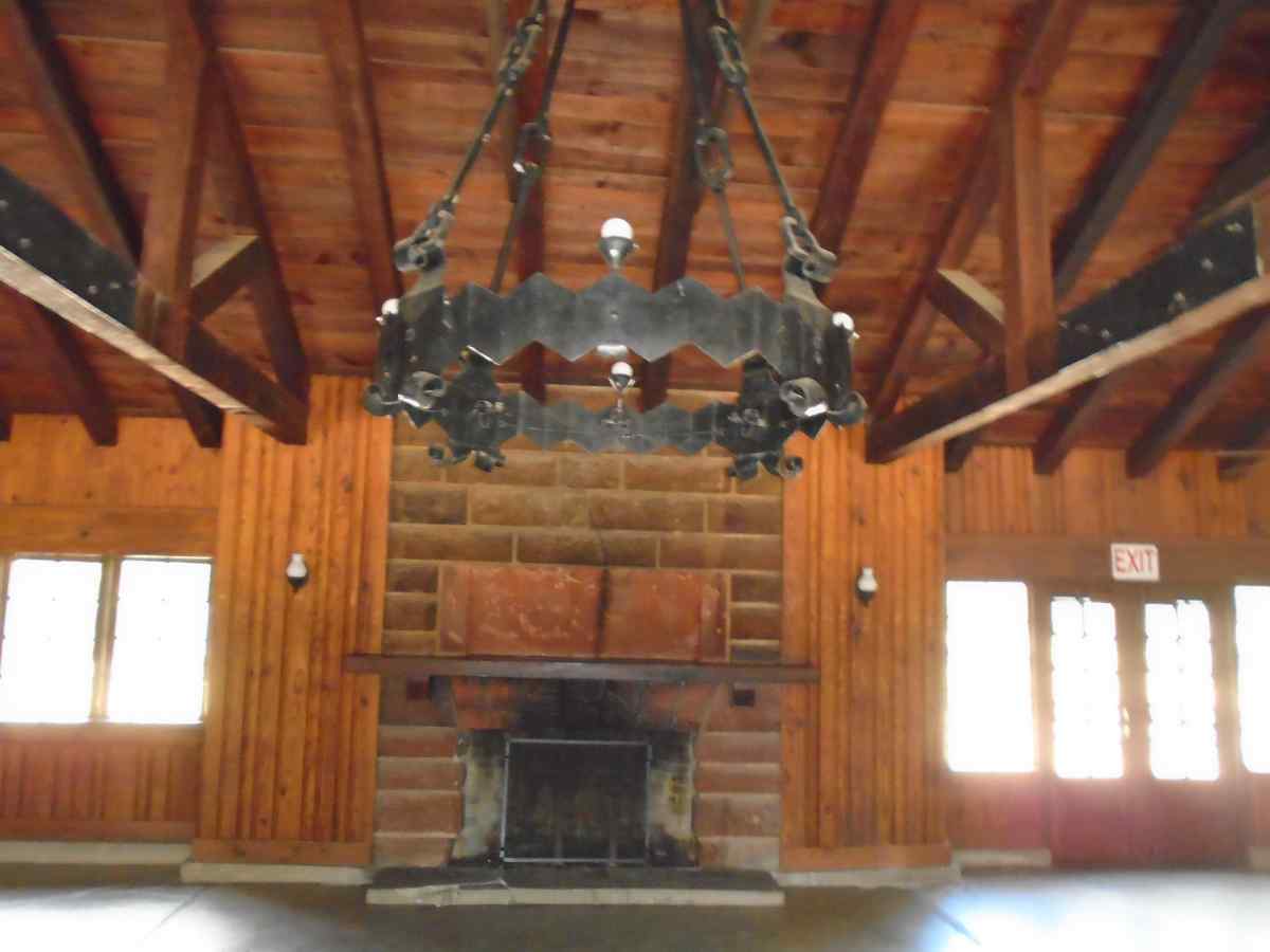 The fireplace inside the Recreation Hall. 
