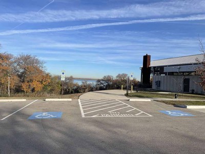 Two ADA parking spaces in front of the Recreation Hall