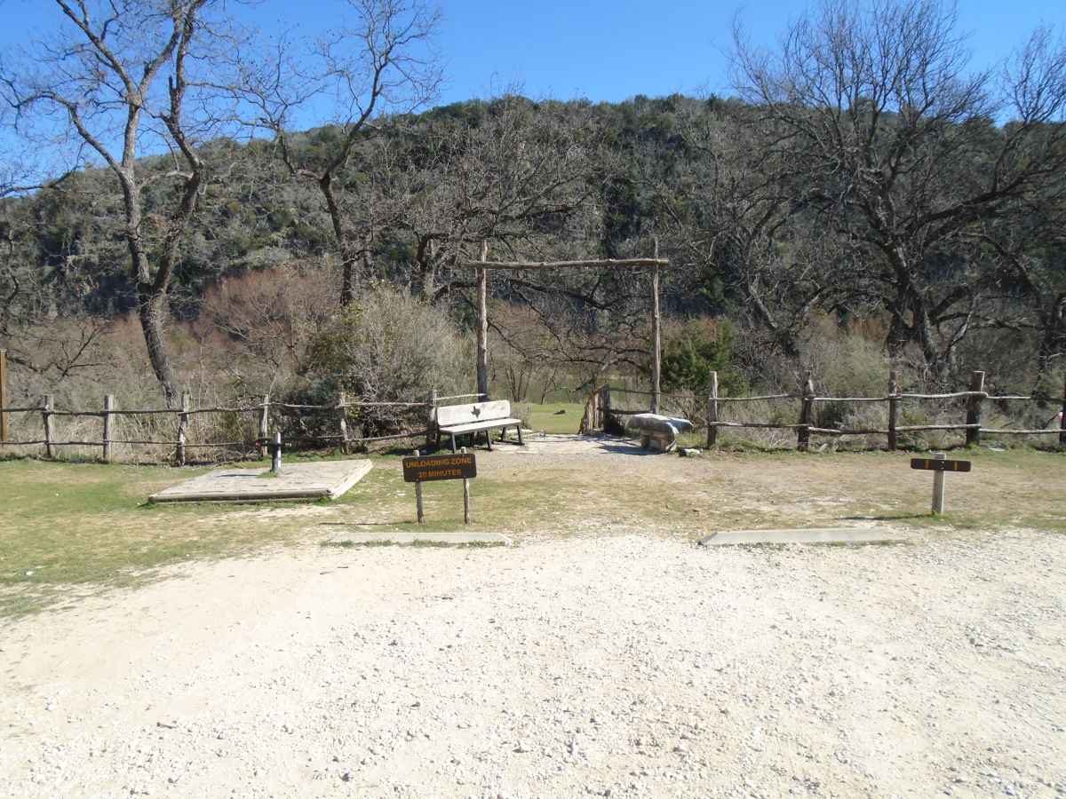 Parking, potable water spigots and the stairway down to Walk-in Basic Campsites 1-16.