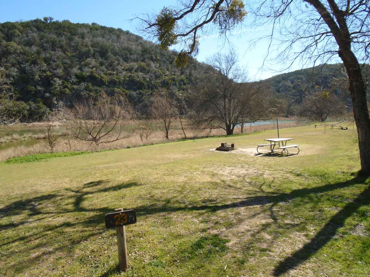 Walk-in Basic Campsite 23 with the river in the background. 