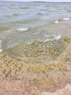 Bricks under water at the lake's edge