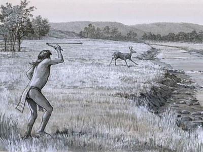 Illustration of a native American man hunting a deer