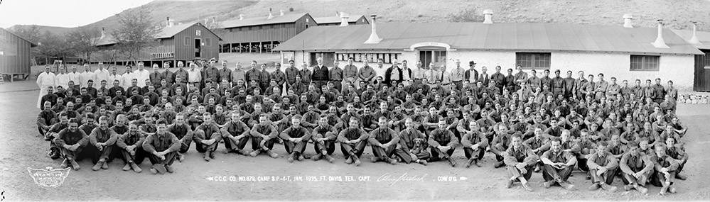 Panoramic shot of the CCC company #879 in front of barracks.