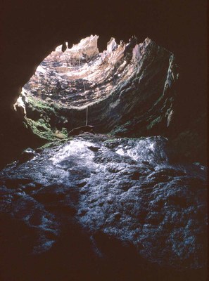 View up to entrance to Devils Sinkhole from inside the cavern