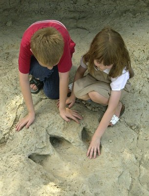 boy and girl looking at track in stone