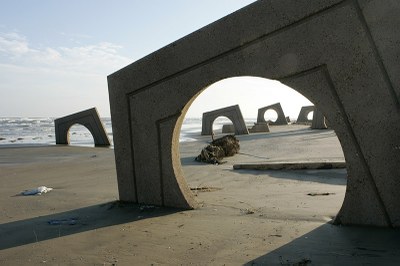 Remains of shelter after hurricane.