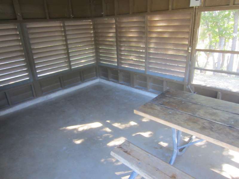 A picnic table is inside all the screened shelters.