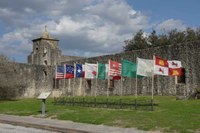 Photo of the presidio with multiple flags waving in foreground.