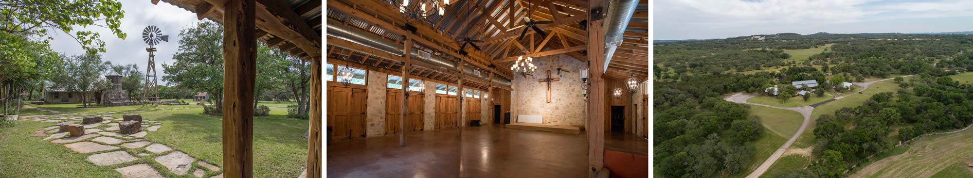 Image of Honey Creek Ranch showing aerial view of property and ranch house; windmill; meeting room interior with exposed wooden beams and open area.