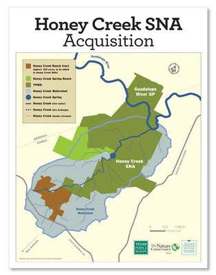 Map showing the current boundaries of Honey Creek SNA near the Guadalupe River. The map also shows the newly acquired portion of over 500 acres.