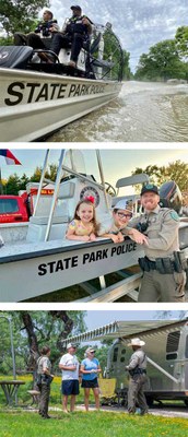 Three photos: police officers riding in a boat, police officer with kids in a boat, officers talk to campers in park