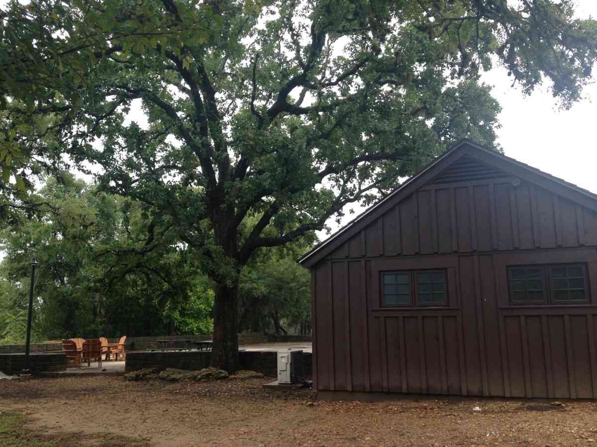 Looking at the side of the Rec. Hall and the back patio.  