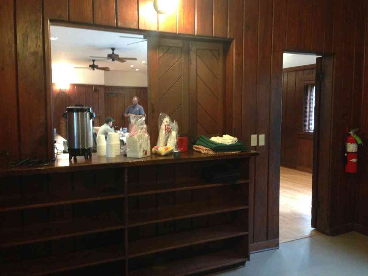 Looking out to the main room from the serving area of the Rec. Hall.