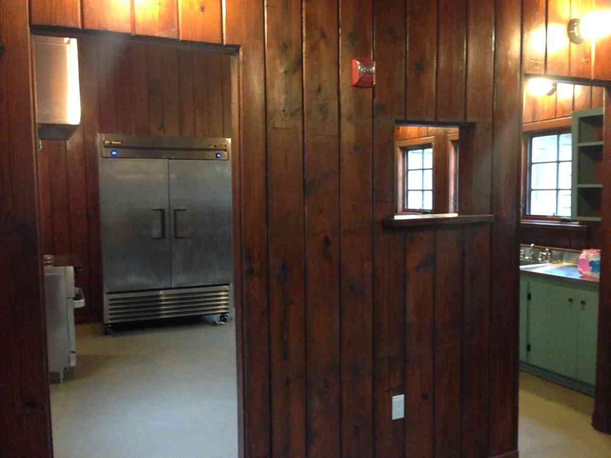 Looking into the kitchen of the Rec. Hall.