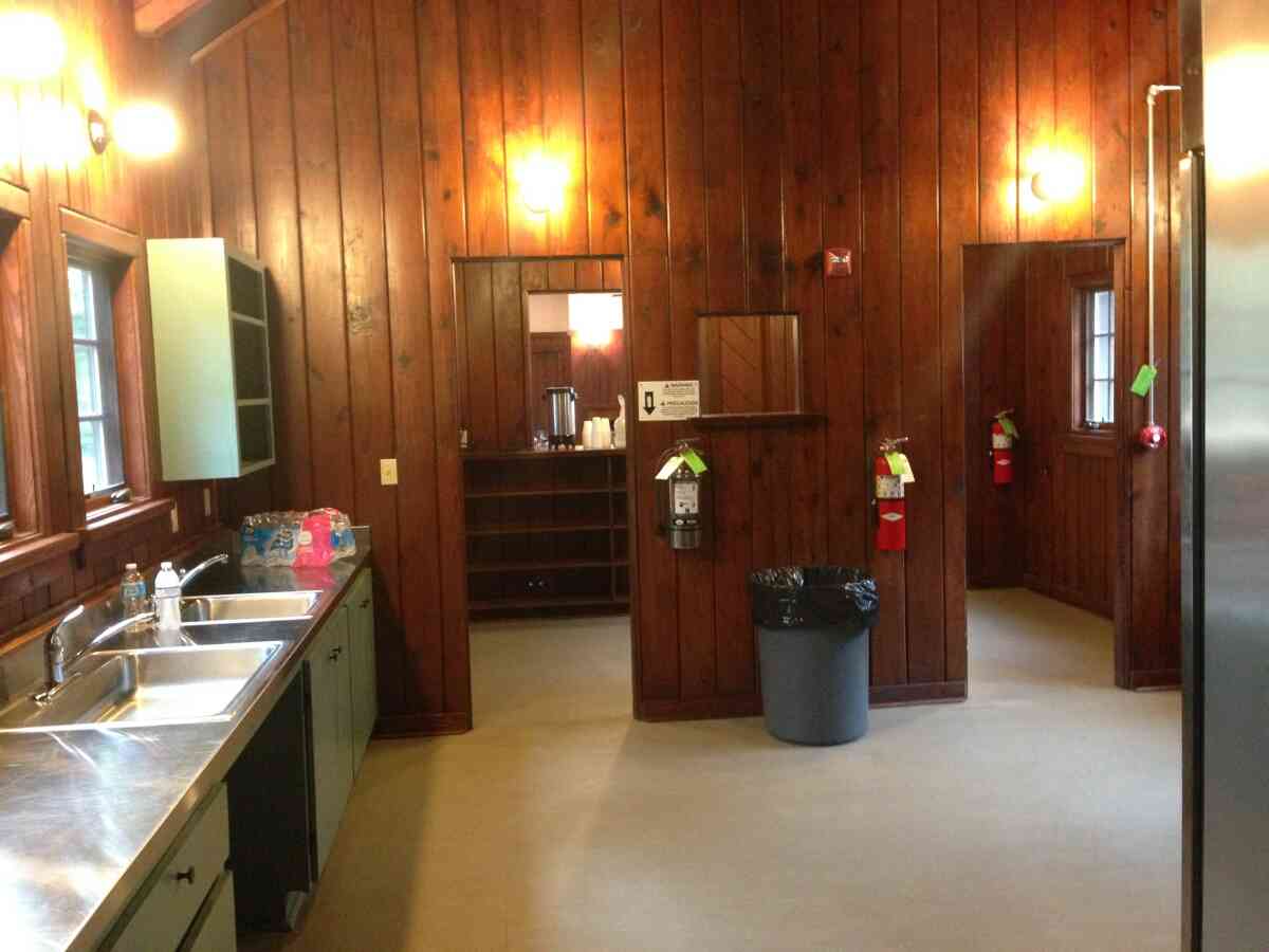 Looking out to the serving area and the main room from the kitchen.
