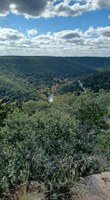 High view down the waterway with mostly green trees on the creeksides.