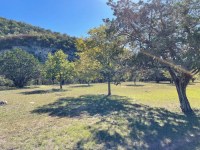 A grassy area with a tree covered bluff in the background. The trees have mostly green leaves.