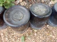 Close-up of bottles stuck upside down in the ground around a flowerbed.